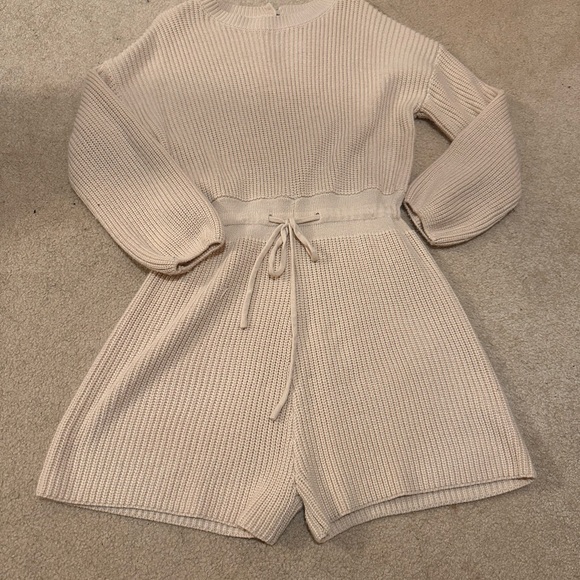 Cream Knit Sweater Romper Cozy Lounge Tie Waist Size M - Picture 2 of 5